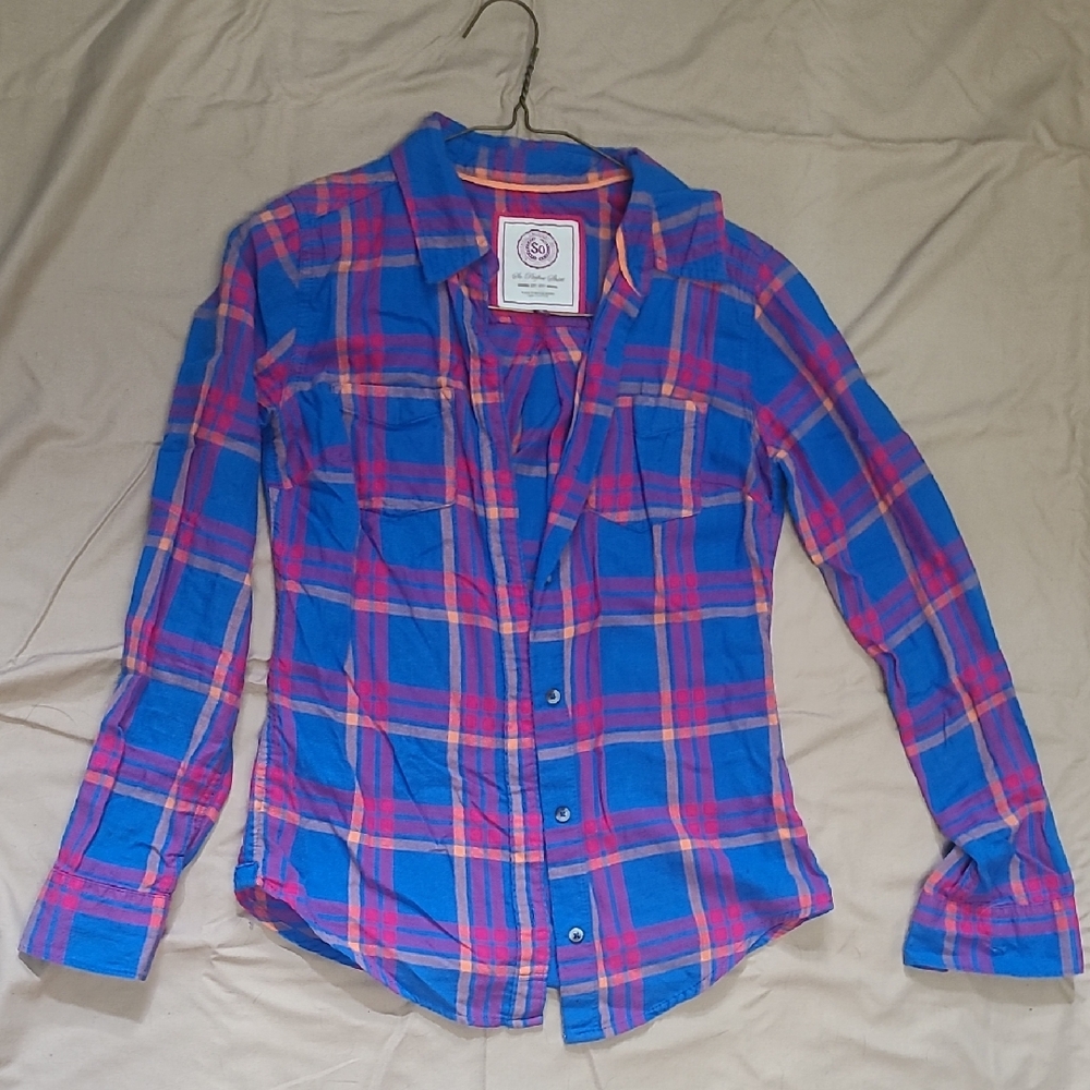 SO Blue and Pink Button Down Plaid Flannel